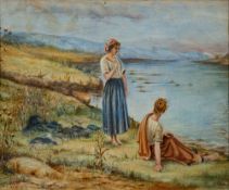 Victorian School (mid-19th century) Two young women on a river bank bearing indistinct monogram