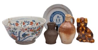 A mixed lot of pottery comprising an English dated blue and white delftware plate inscribed 'B.I.