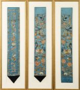 A set of three Chinese silk and metal thread embroidered cuffs or robe segments, early 20th century,