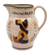 A late Staffordshire ' Admiral Nelson/Captain Hardy' pottery jug of conventional moulded form