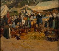Attributed to Terrick John Williams (British, 1860-1936) A bustling continental market scene,