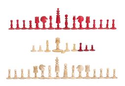 A bone Barleycorn pattern chess set: one side stained red the other left natural, the king 6.