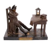 A French patinated spelter and marmo Portoro mounted desk lamp modelled with a figure of Napoleon