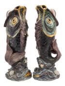 A rare pair of large French Palissy-style majolica fish vases, probably Thomas Sergent,
