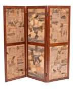 An oak three fold screen with inset watercolour studies of landscapes,