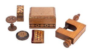 Six Victorian Tunbridge ware sewing implements and accessories,