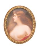 A small German porcelain oval portrait plaque in Berlin style: depicting a semi-nude maiden with