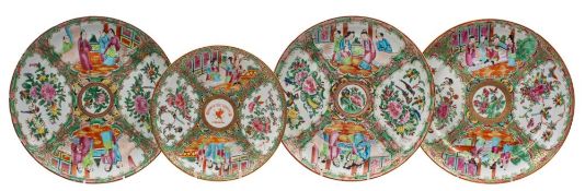 A group of three Canton rose medallion dishes and a similar armorial plate,