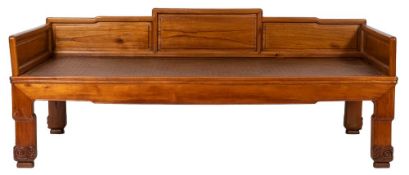 A Chinese hardwood and rattan canework day bed,