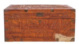 A Chinese carved camphor wood and metal mounted chest,