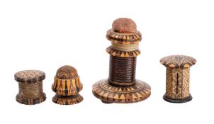 Four Victorian Tunbridge ware sewing implements and accessories,