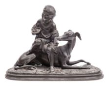 A French spelter model of a young girl feeding a greyhound, early 20th century,