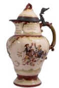 WITHDRAWN LOT A German pewter-mounted pottery baluster jug with coloured transfer printed