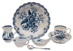 A mixed lot of First Period Worcester blue and white porcelain comprising a 'Chinese rice' spoon in