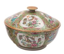 A Canton chamber pot and cover with gilt finial, 25cm [side handle lacking and restored].