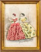 A French engraved fashion plate, hand-worked with embroidery and coloured silks, mid-19th century,