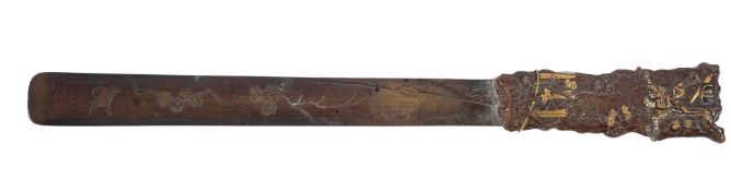 A Japanese bronze letter opener the blade engraved with birds and pine trees,