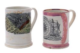 A Sunderland pink lustre frog mug and a similar orange lustre mug,