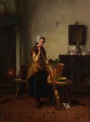 Dutch School (19th century) Interior with a girl and a cat signed Nelis 187...