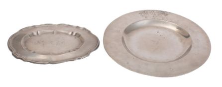 A late 17th Century pewter dish by Samuel Little and a French pewter dish the first with