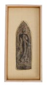 A Thai bronze relief plaque of arched rectangular form, depicting the walking figure of Buddha,