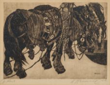 Hugo Henschl (Austrian, 1879-1929) Horses watering hand-signed and inscribed to lower margin,