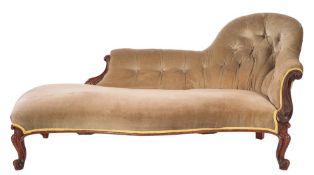 A Victorian mahogany and velvet upholstered chaise longue,