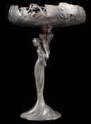 An Italian Art Nouveau WMF style base metal figural table centrepiece tazza with four division