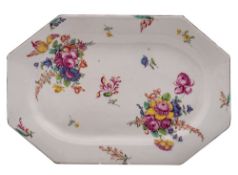 A large Bow octagonal serving dish painted with flower sprays and scattered sprigs, brown line rim,