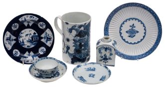 A mixed lot of 18th century English blue and white porcelain comprising a Bow powder blue plate;