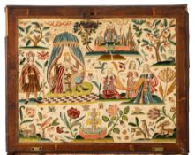 A walnut and embroidery adorned cabinet on stand,