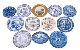 A group of nine English blue transfer printed pearlware and other pottery plates together with two