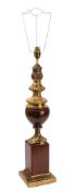 A turned wood and gilt metal mounted urn table lamp, in the style of oil lamps, 20th century,