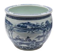 A large Chinese blue and white jardiniere/fish bowl painted with a continuous extensive lake