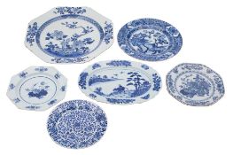 A group of six Chinese blue and white dishes, Qing Dynasty comprising four plates,