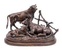 After Jules Moigniez (French, 1835-1884), late 20th century, a bronze group of a bull,