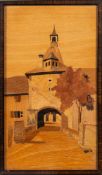 Charles Spindler (Alsatian, 1865-1938), two marquetry pictures, representing village views,