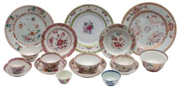 A mixed lot of Chinese famille rose wares with floral and figural decoration including three plates,