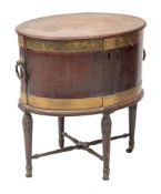 A George III mahogany and brass banded wine cooler on stand,