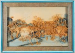 A pair of Chinese carved cork dioramas depicting pavilions in lake landscapes on painted