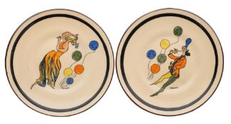 A pair of Babbacombe Pottery plates designed by Deirdre Wood decorated with dancing figures and