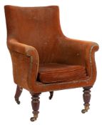 A Regency mahogany and later ochre velvet upholstered library armchair,