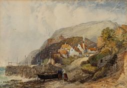 John Francis Salmon (British, 1808-1886) A Cornish fishing village scene with figures signed,