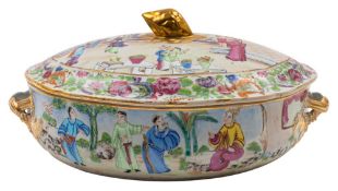 A Canton tureen and cover of oval compressed form with gilt artichoke finial and entwined stalk