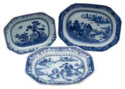 A group of three Chinese blue and white octagonal dishes painted in conventional style with