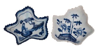An early Bow blue and white leaf shaped pickle dish and one similar the first painted with a fence,