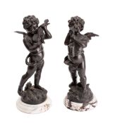 After Louis Auguste Moreau (French, 1855-1919), a pair of patinated metal models of musical putti,
