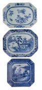Two Chinese blue and white octagonal dishes and a Japanese transfer printed dish the first two