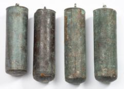 Two pairs of brass bound longcase clock weights.