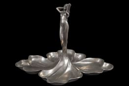 An Italian Art Nouveau style metal figural table centrepiece with four division serving sections by